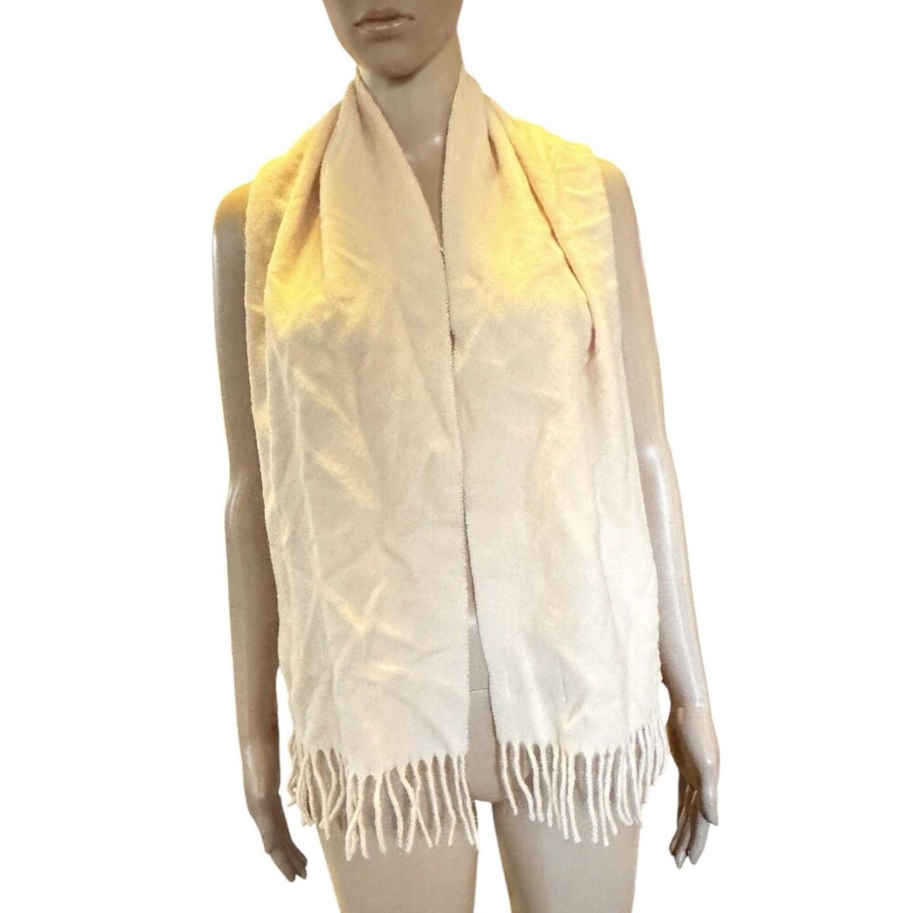 Benetton Cream Wool Fringe Scarf Made In Italy 54”x12”Quiet Luxury Minimalist